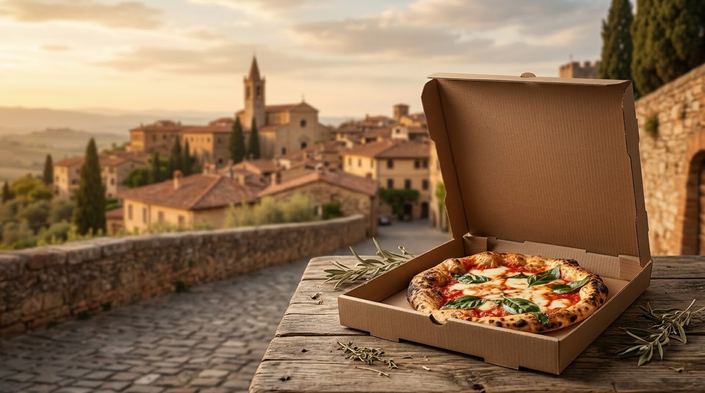 Pizza margherita dans sa boîte avec un village toscan en arrière-plan