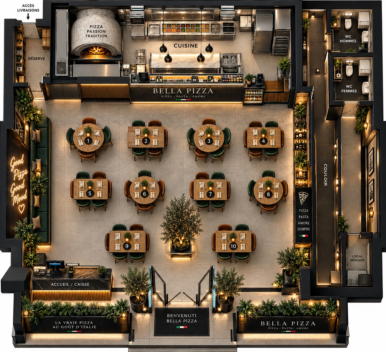 Plan de la salle Bella Pizza — choisissez votre table